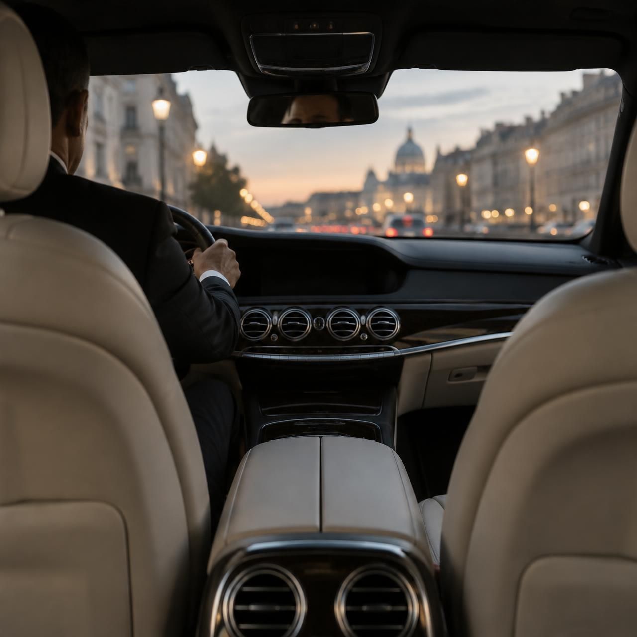 View from the rear seat of a premium car with a chauffeur driving through the city at dusk