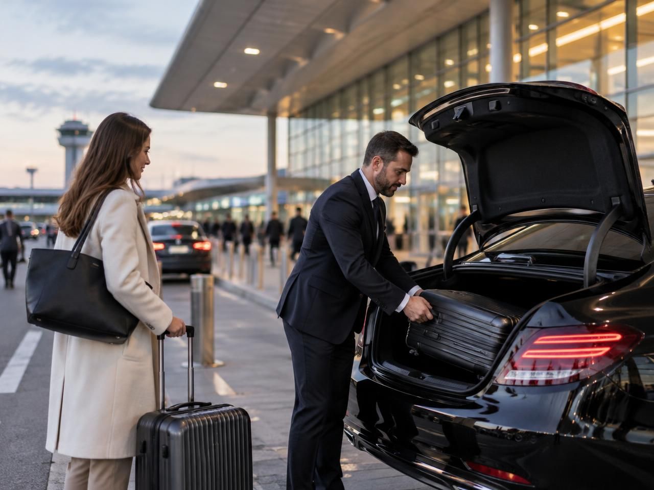 Chauffeur loading a suitcase into a black sedan at an airport