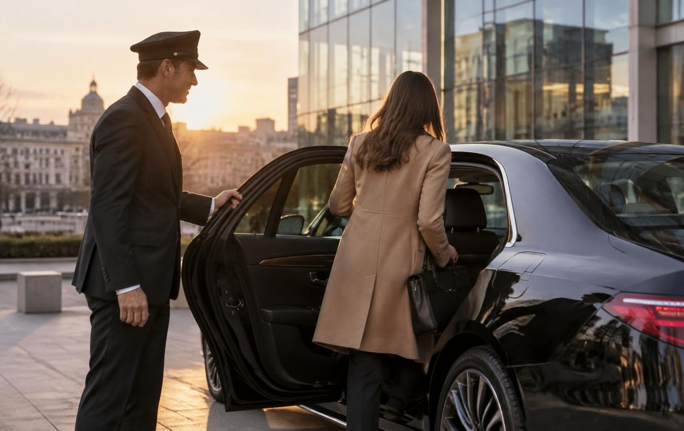 Chauffeur holding the door of a black sedan for a business traveller