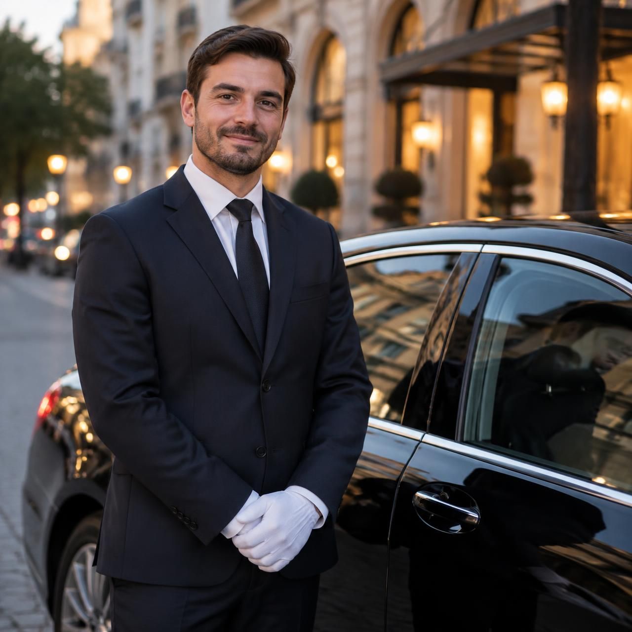 Professional chauffeur in a dark suit standing beside a black executive car