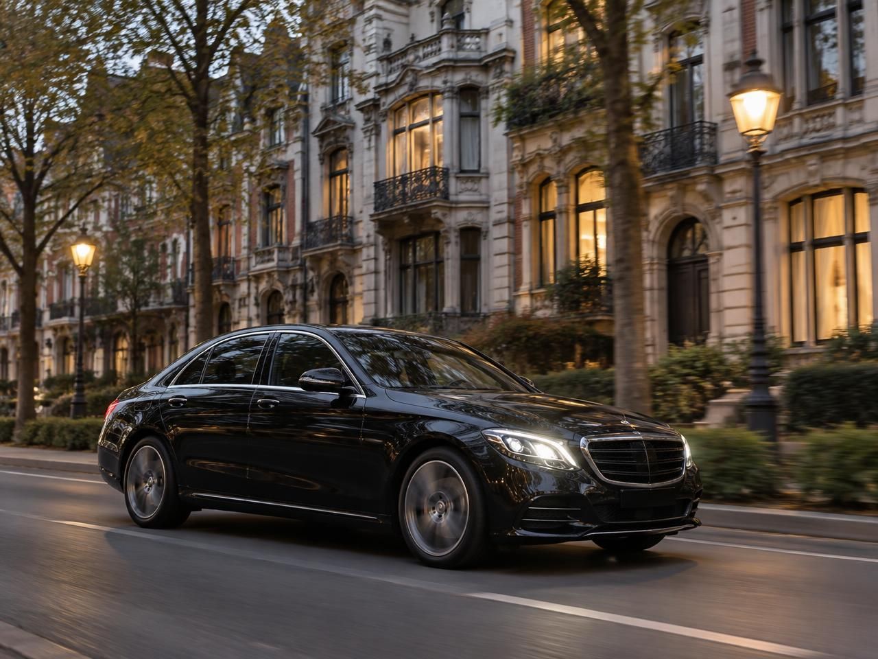 Black sedan driving along a Brussels boulevard in the evening