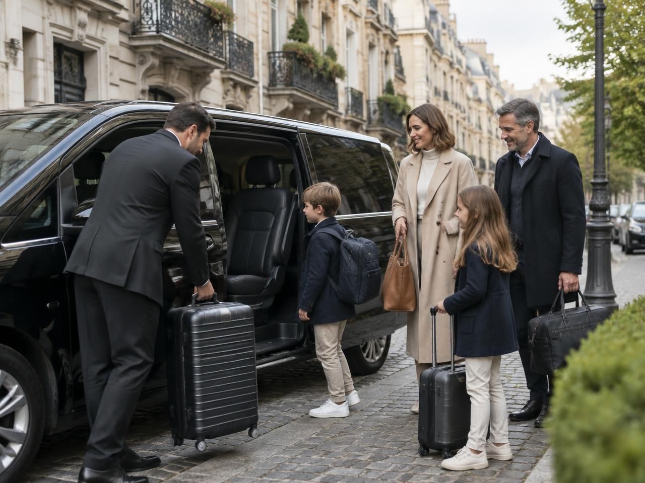 Family with luggage beside a black passenger van with a chauffeur