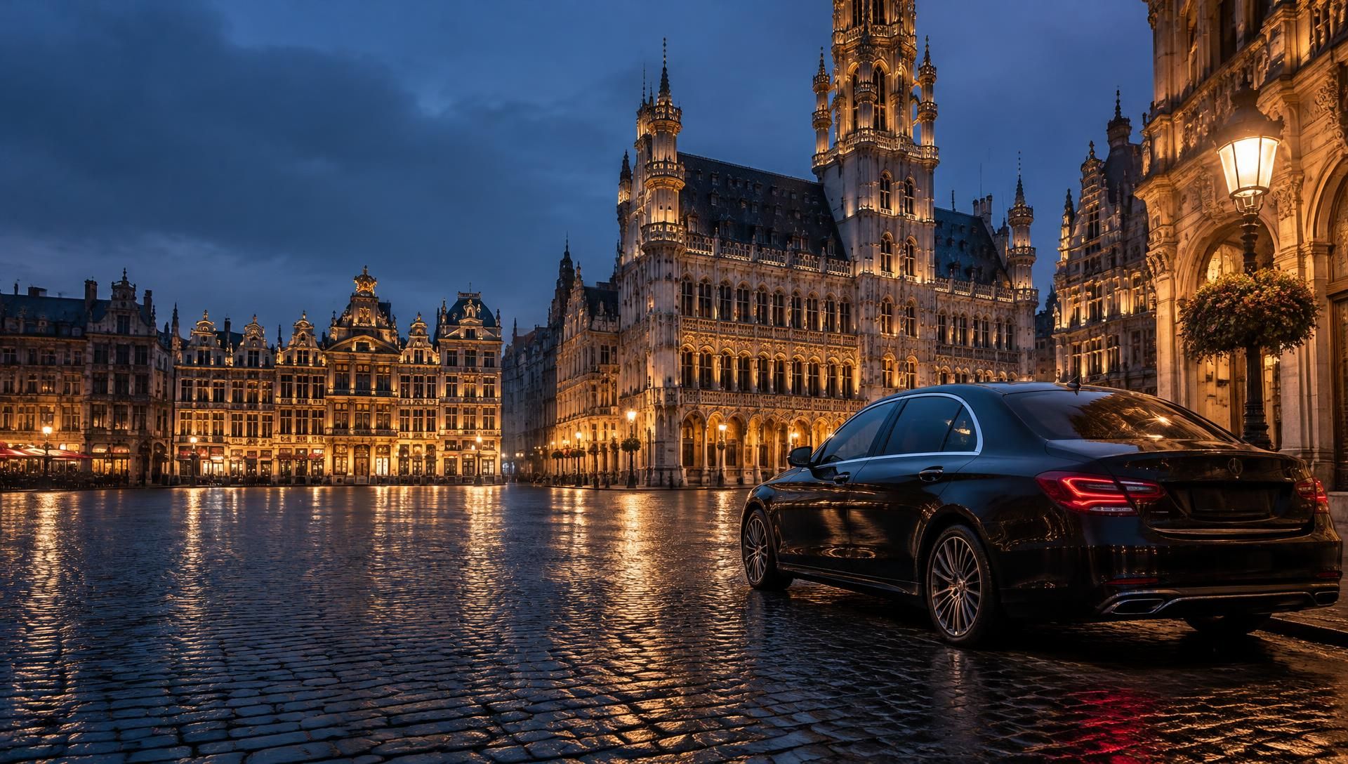 Black executive sedan on the Grand Place in Brussels at blue hour